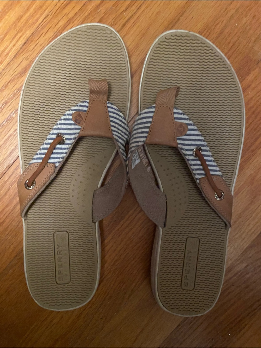 Sperry Tan Leather Flip Flops with Navy & White Striped Fabric